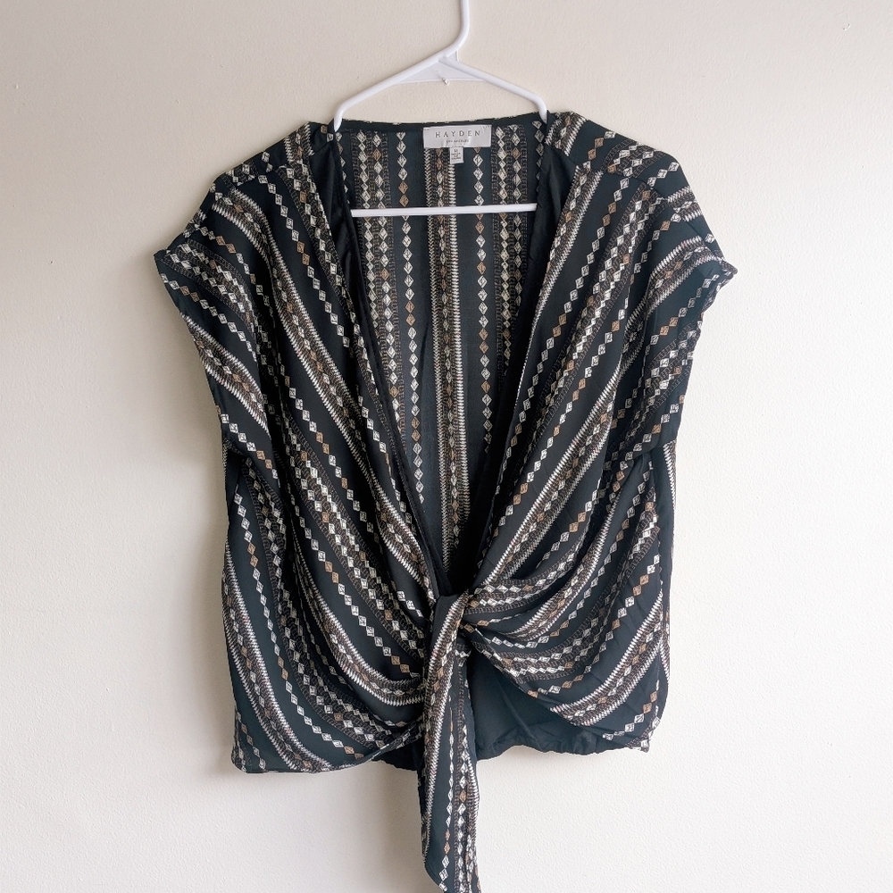 Hayden Black Tribal Boho Print Front Tie Loose Fit Sleeveless Blouse Coastal